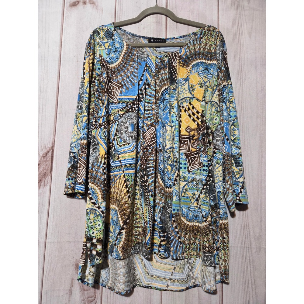 N Touch Womens XL Blue Yellow Geometric Medallion Print 3/4 Sleeve Tunic Top